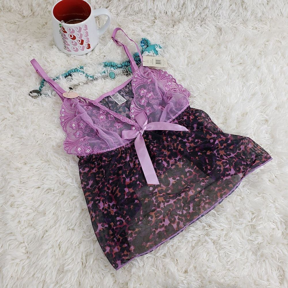 Spree M Purple Lace Mesh Babydoll Sequin & Short Triangle Intimates Bra
